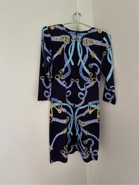 J. McLaughlin Navy Sheath Dress with Aqua and Gold Chain Print